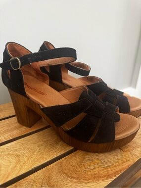 Eric Michael Black Suede Platform Sandal with Wooden Block Heel